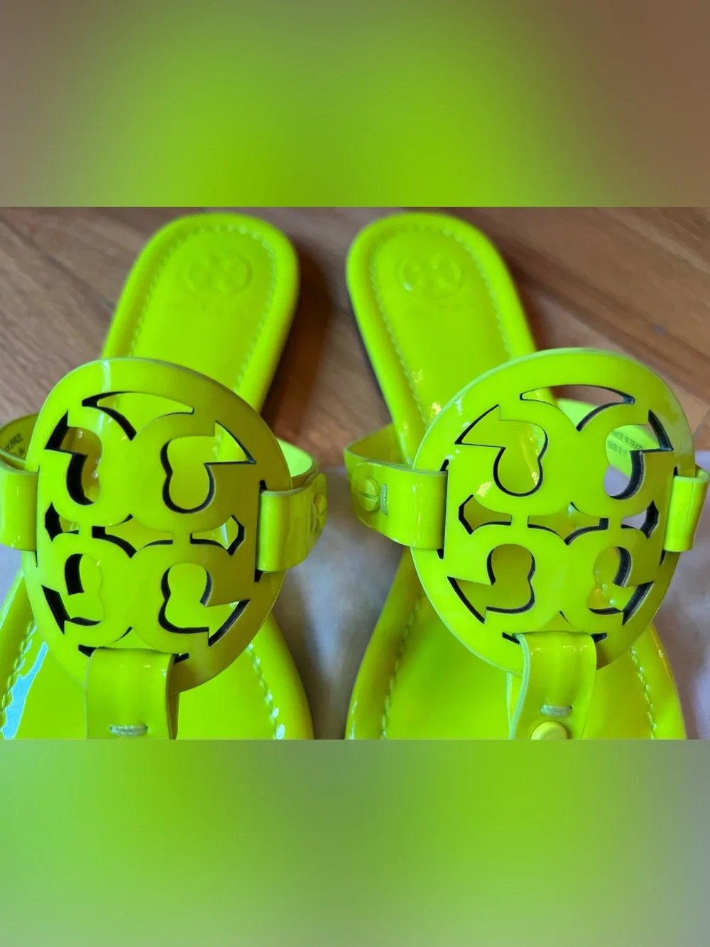 Tory Burch Neon Fluorescent Yellow Patent Leather Miller Sandals